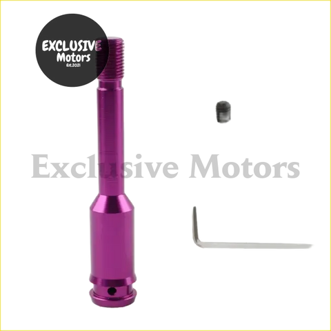Purple metallic aluminum car exhaust tip with threaded top and hexagonal base for extension gear shifter lever