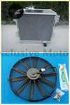 Silver aluminum radiator with black fan and mounting hardware for ford capri and escort models from 1978 and up