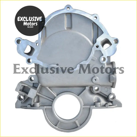 Silver metallic aluminum timing cover for ford windsor 302 351 with machined cast finish and bolt holes