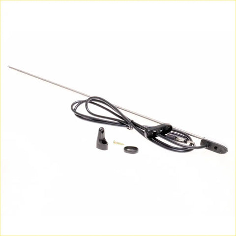 Black antenna with metallic shaft and coiled cable plus small mounting hardware for nissan d21 datsun 720 a-pillar