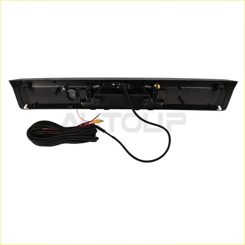 Black plastic backup camera rear tailgate handle mount with wiring and connectors for ford f-250 f-350 back side
