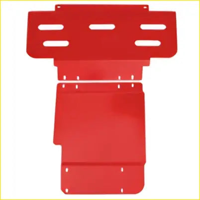 Red metal bash plate for nissan navara np300 with cut-out slots and mounting holes for front sump guard
