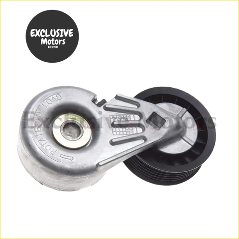 Silver and black belt tensioner pulley with metallic housing and rubber grooved wheel for ford ranger mazda b4000