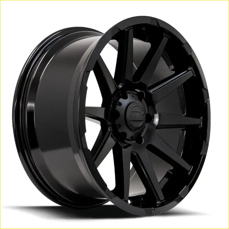 Black matte finished bgw dominator alloy wheel with multi spoke design and center cap bearing scw logo