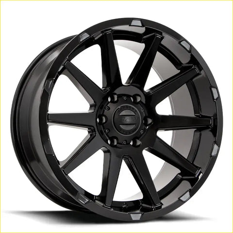 Black matte finished bgw dominator alloy wheel with bold multi spoke design and rst logo hubcap