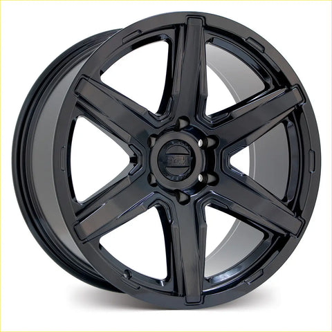 Gloss black bgw legend alloy wheel with glossy five-spoke design and rev logo center cap