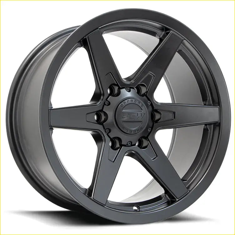 Black matte-finished bgw primal alloy wheel with five spokes and bcv logo hubcap for sleek automotive style