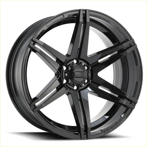Black gloss-finished BGW tempest alloy wheel with five-spoke design and zen logo hubcap