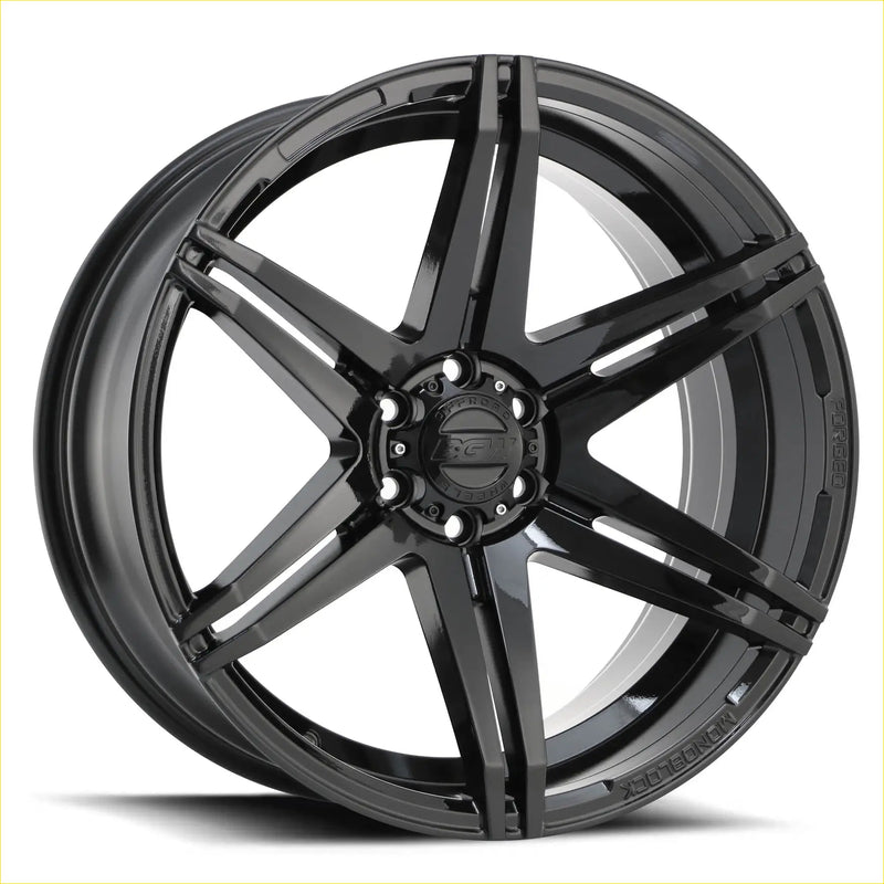 Bgw tempest gloss black alloy wheel with black gloss finish five-spoke design and zen logo hubcap