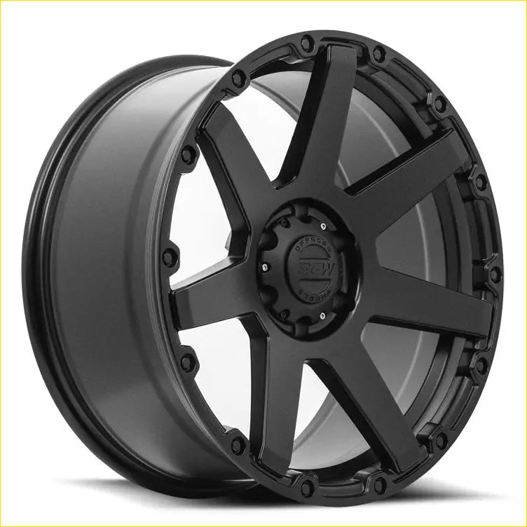 Black matte-finished bgw vader alloy wheel with rugged multi-spoke design and scw wheels logo at center