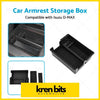 Black plastic center console armrest storage box with molded compartments and mesh insert for isuzu cars