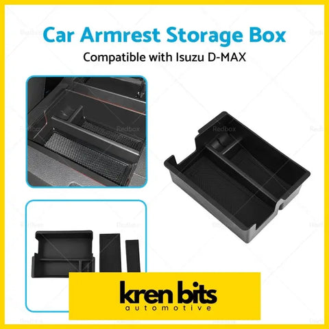 Black plastic center console armrest storage box with molded compartments and mesh insert for isuzu cars