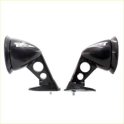 Black plastic fender side mirror housings with glossy finish and 3t phanton branding for nissan datsun sunny sedan