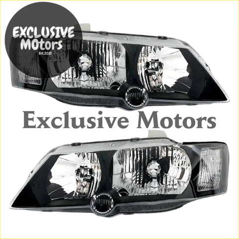 Black plastic headlights for holden commodore vy 2002-2004 with clear lens covers and chrome accents