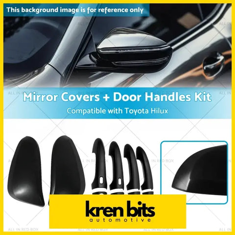 Black glossy plastic mirror covers and door handle trim kit for 2015 toyota hilux shown from the back side