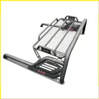 Black metal sports bar roll bar with mesh grid and side rails shown from the back for navara np300 and hilux vigo