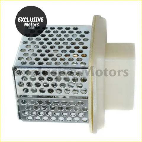 Silver perforated metal strainer with white plastic housing for blower motor resistor on nissan pathfinder d21 1986-1995