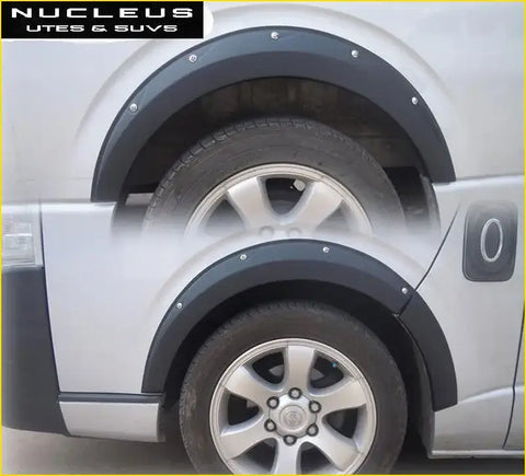 Black plastic bolt flares with silver rivets designed for hiace 2005-2018 utes and suvs