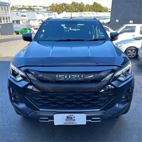 Black isuzu d-max 2024 with bold front grille and sleek led headlights featuring bonnet guard protector stone guard
