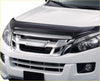 Black plastic bonnet guard stone protector with sleek curved design mounted on front of white isuzu d-max mu-x 2012-2016