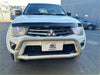 White mitsubishi triton pickup with silver front bumper guard and black grille trim featuring bonnet guard protector stone guard