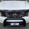 Black tubular front bumper guard on white nissan navara d40 2005-2015 for stone and bonnet protection