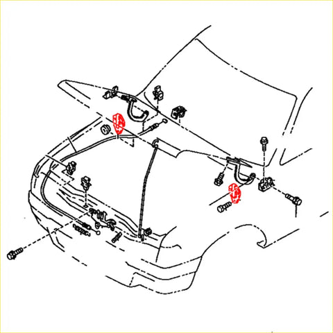 Red plastic hood latch mechanism shown from back side for bonnet hinge seals on toyota hilux 1988-1997