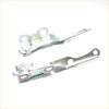 Silver metal bonnet hinge components with circular mounting holes for Toyota Hilux 1997-2005 industrial design