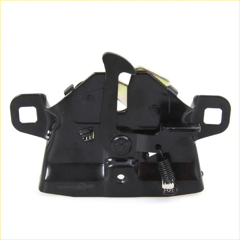 Black metal bonnet latch striker lock with spring mechanism and mounting brackets for toyota hilux 1979-1983 back side
