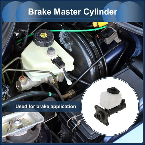 White plastic brake master cylinder with black rubber cap and metal bracket for toyota hilux 2wd 1998-2004 back view