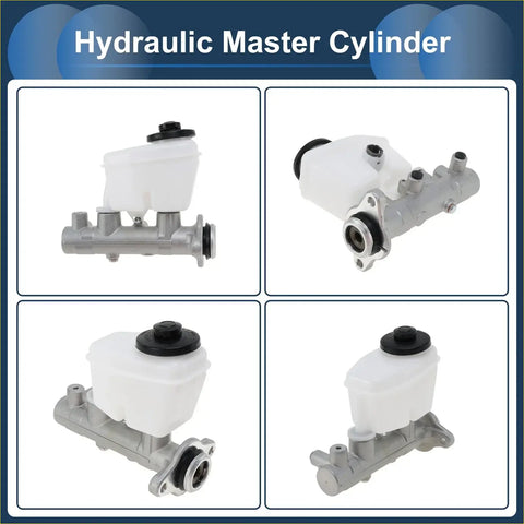 Brake master cylinder with white plastic reservoir mounted on silver metal housing for toyota land cruiser