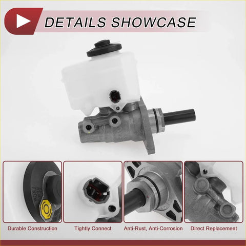 White plastic reservoir and metallic brake master cylinder with black caps for toyota land cruiser prado shown from back side