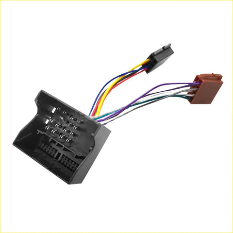 Black plastic car stereo harness iso adapter with multicolored wiring and two connectors for ford vehicles back view