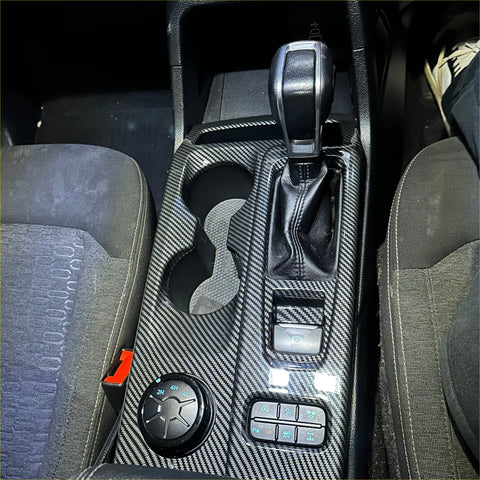 Carbon fiber interior console gear shift panel trim cover for ford with textured finish integrated cup holders and gear shift boot