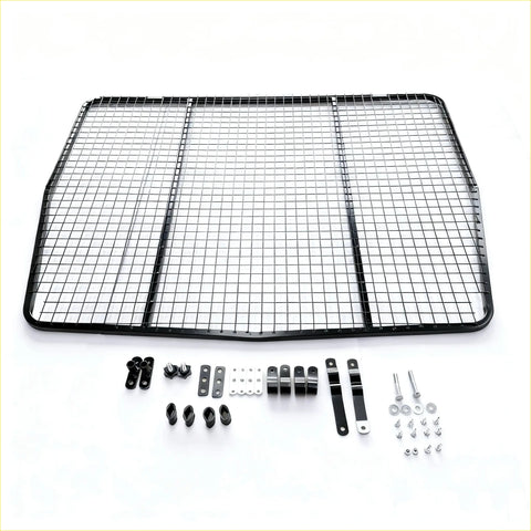 Black metal mesh cargo barrier with mounting hardware for toyota hiace 2005-2019 narrow body roof rack back view