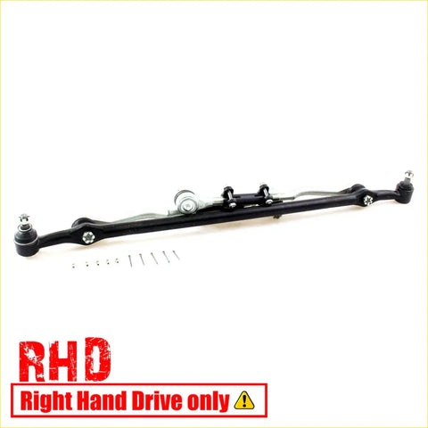 Black painted metal center link tie rod with silver bolts for Nissan crew cab 1997-2001 showing back side