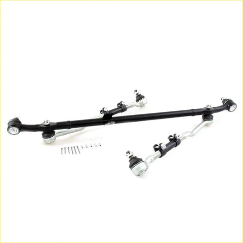 Black center link tie rod kit for Nissan Datsun D21 with silver ball joints and mounting hardware shown from back side