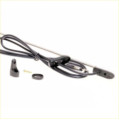 Black plastic-coated cable with metal connector and mounting hardware for chrome antenna on nissan datsun bluebird 610 violet 710