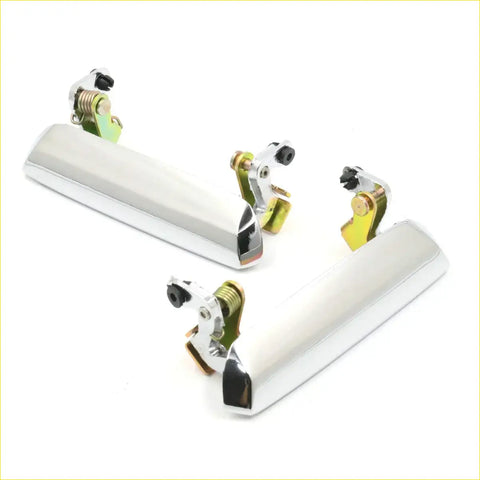 Chrome finished car door handles with matching metallic latch mechanisms for mazda b1600 1971-1985 shown from back side
