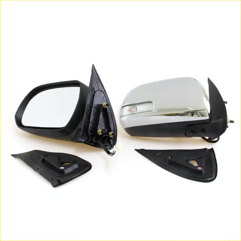 Chrome electric led door wing mirror for toyota hilux mk7 sr5 shown disassembled with chrome finish and black housing