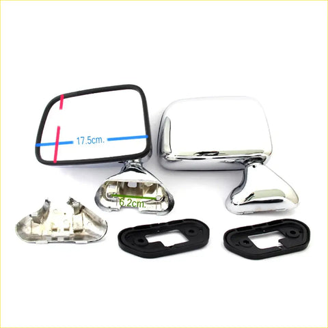 Chrome side door mirrors x2 for toyota hilux 1988-1998 with chrome finish rectangular and rounded design and black rubber gaskets