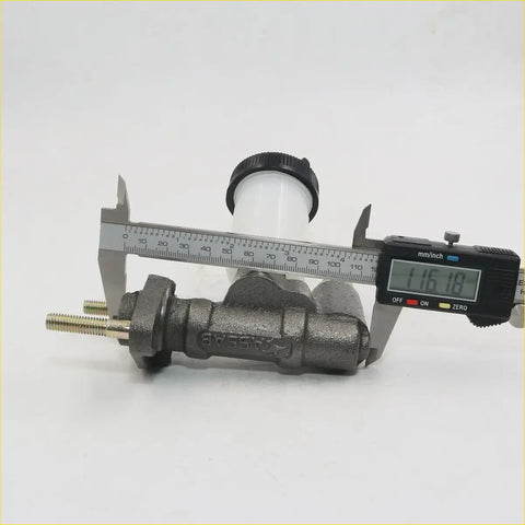 Gray metallic clutch master cylinder with white reservoir and black cap measured by digital calipers for Mazda Bravo