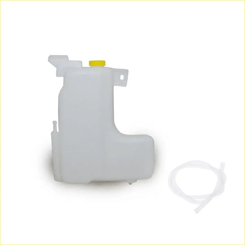 White plastic coolant reservoir tank with yellow cap and clear hose for nissan navara np300 terrano d22 back side view