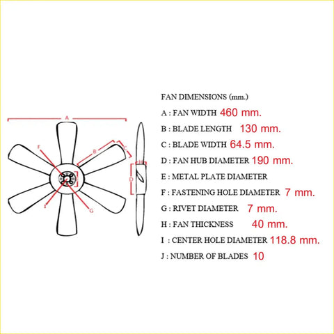 A technical diagram showing dimensions of a 10-blade cooling fan blade for toyota hilux 5le 2004-2019