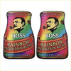 Two vibrant rainbow-colored boss coffee cans with stylized man and pipe labeled rainbow mountain blend for custom mats