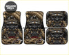 Set of four custom golden dragon car floor mats with black and gold samurai mask and dragon designs
