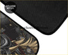 Black car floor mat with a detailed samurai graphic and gold black floral accents from custom golden dragon floor mats