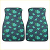 Dark gray car floor mats with a playful pattern of teal and green hearts perfect for custom green hearts floor mats
