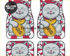 Set of four gray cartoon maneki-neko car floor mats with red white stripes and yellow coin design for lucky jdm cars