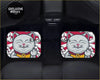 White cartoon cat themed jdm fu car floor mats with yellow collar and black x emblem on red and white striped background